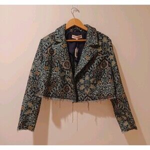 NWT Free People Jacket Jacquard Tapestry Print Frayed Raw Hem Crop Coat Boho S